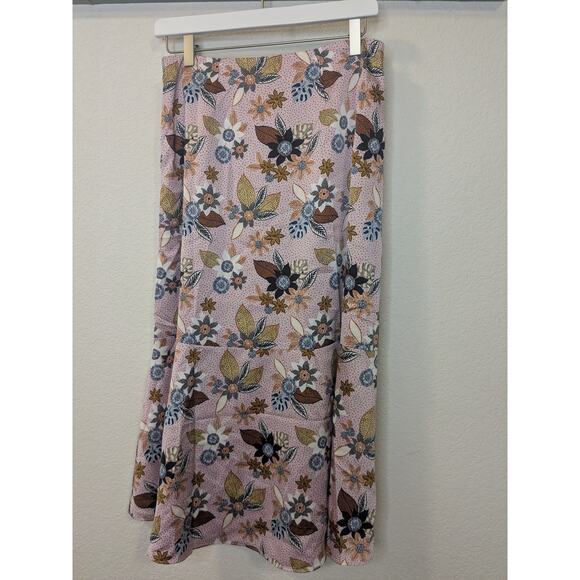 LOFT Floral Fluted Maxi Length Skirt Silky Feel Pink Multi Color Womens Size 6 - Picture 7 of 7